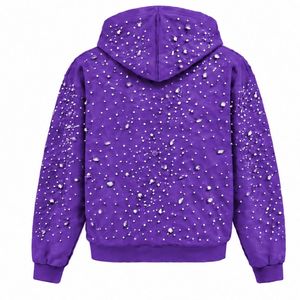 Sudadera con capucha violeta púrpura con cremallera completa y perlas, chaqueta de moda urbana con perlas incrustadas, sudadera con capucha de manga larga con bolsillos delanteros - Product Image 2