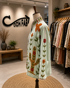 Veste Suzani en velours beige clair pour femme, brodée à la main, motif floral cactus, style bohème ethnique, vêtement d'extérieur de créateur, hiver, vente en gros - Product Image 2