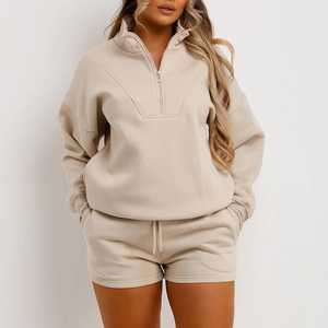 <b>Women</b> Plus Size Solid Color <b>Half</b>-<b>Zip</b> <b>Sweatshirt</b> Set Casual Loose Fit Full Sleeve Cotton Tracksuit Shorts Autumn Wear - Product Image 1