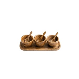 Handcrafted 7 Piece Natural Mango Wood Condiment Set 3 Mini <b>Spice</b> Bowls with Wooden Spoons and Serving <b>Tray</b> for Salt Pepper - Product Image 6
