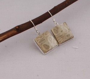 925 <b>Sterling</b> <b>Silver</b> Fosil Coral <b>Earrings</b> Natural Composite Gemstone Marquise <b>Dangle</b> <b>Earrings</b> Handmade Jewelry - Product Image 1