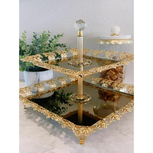 Gold <b>Rectangle</b> Metal Cake Stand 2 Tier <b>Mirror</b> Tray Cake Display Home Decor Accessory Luxury Cake Stand Hotel Table Centerpiece - Product Image 1