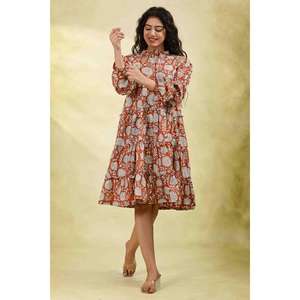 Vestido de Algodón Ecológico Lavable con Estampado Floral para Mujer, Manga Larga, Cintura Natural, Mini, Verano, Casual, Uso Diario - Product Image 2