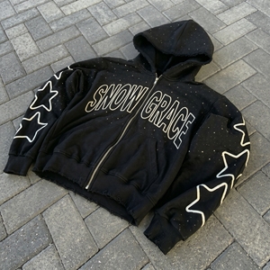 Sweat à capuche unisexe noir Snow Grace à fermeture éclair, coupe oversize, imprimé étoiles, en coton tricoté, décontracté, pour l'hiver - Product Image 6