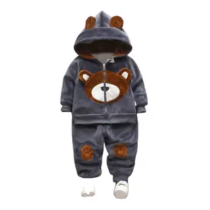 High Quality Winter Kids Tracksuits Set Solid Color Zipper Collar Warm Fleece Baby Clothing Set winter cloth sets for children