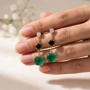 Luxury Emerald Cushion Cut & <b>Black</b> Obsidian Round Drop Earrings With CZ Elegant Gemstone Stud Dangle Earrings Minimalist Earring - Product Image 5