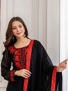 Black Red Embroidered Chiffon Shawl Ethnic <b>Scarf</b> Modern Autumn Wrap Skin-Friendly Breathable for Daily Wear - Product Image 1