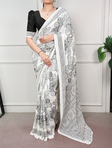 Sari en soie satinée ethnique traditionnel indien à imprimé floral pour un usage quotidien, vêtements décontractés, tenue élégante et tendance pour femmes, toutes saisons - Product Image 3