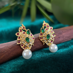 18K Gold Plated Peacock Stud Earrings with Pearl and Diamond Accents - Product Image 3