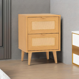 2-Drawer Wooden Rattan Nightstand Bedside Table Compact Storage <b>Cabinet</b> for <b>Small</b> Space Apartment Bedroom and Living Room - Product Image 1
