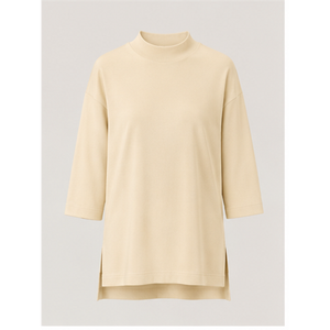 Camiseta Oversize de Cuello Alto y Manga Tres Cuartos en Amarillo Pálido para Mujer WTS-0153 - Product Image 1