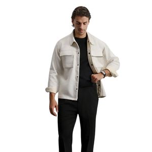 <b>Men's</b> Off-<b>White</b> Button-Up Jacket, <b>Long</b>-<b>Sleeve</b>, Collared Overshirt Dual Pocket Design Minimalist Fashion Outerwear Clothing - Product Image 3