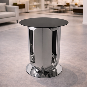 Mesa de Centro Redonda Contemporánea con Pedestal de Acero Geométrico Pulido y Superficie Superior Negra Minimalista - Muebles para Sala de Estar - Product Image 1