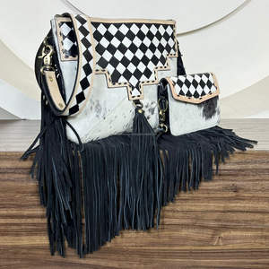 Conjunto de Bolso de Mano de Cuero con Flecos a Cuadros de Estilo Occidental Hecho a Mano y Monedero Pequeño con Correa para la Muñeca para Mujer - Product Image 4