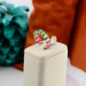 Natural Emerald and <b>Ruby</b> Alternating <b>Eternity</b> Band in Solid 18K Yellow Gold Gemstone Station <b>Ring</b> May and July Birthstone - Product Image 5