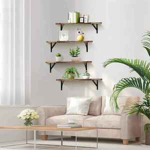 Rustic Wooden Floating <b>Shelf</b> Set Elegant <b>Wall</b> <b>Mount</b> Metal Bracket Storage Ledge Organizer Rack Quad for Living Room Decor - Product Image 1
