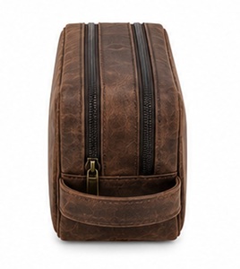 Premium Genuine Leather Eco-Friendly Durable Vintage Travel Bag Large Capacity Double Zipper Closure Soft Handle Cosmetic - Product Image 5