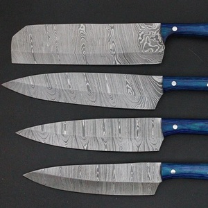 A&M ENTERPRISES 4 Piece Eco-Friendly Handmade Damascus Steel Chef <b>Knife</b> <b>Set</b> with High-Polish Finish and Blue Wooden Handles - Product Image 5
