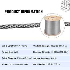 Cable de Acero Inoxidable 316 de 1/8'' 1x19 para Barandillas y Cubiertas, Cable de Transporte de 150M/500FT, Varillas de Alambre de Acero - Product Image 3