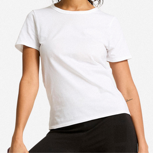 เสื้อยืดผู้หญิงผ้าฝ้ายถักแบบสั่งทำพิเศษ 100% คอโอ คอกลม แขนสั้น สีพื้น เสื้อยืดผู้หญิง OEM - Product Image 6