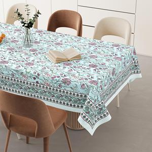 Nappe rectangulaire en coton bleu imprimé floral fait main et personnalisée HappyKraft, écologique, du Rajasthan, pour la maison et l'hôtellerie - Product Image 1