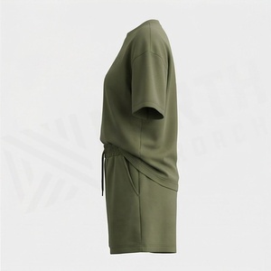 Conjunto Casual de 2 Piezas para Mujer en Verde Oliva, Camiseta de Manga Corta con Cuello Redondo y Pantalones Cortos de Punto por Encima de la Rodilla, Corte Holgado, Primavera - Product Image 3