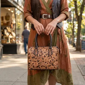 Sac à main de luxe en cuir pour femme, style vintage, motif décoratif, chaînes, deux anses, grande capacité, fermeture éclair - Product Image 3