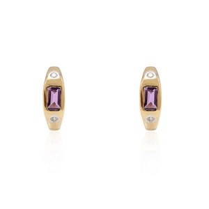 Pendientes de Aro Gruesos de Oro de 14K con Amatista y Diamante - Product Image 3