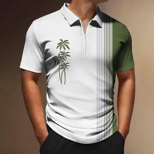Polo à manches courtes pour homme, imprimé palmiers blancs et rouges, coupe classique, décontracté, tricoté, respirant, avec logo frontal et fermeture éclair - Product Image 6