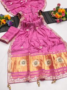 Premium Gajji Silk <b>Gota</b> Patti Work Saree Traditional Handcrafted Ethnic Party Wear - Product Image 4