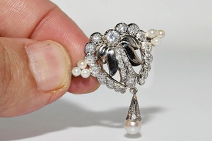 Broche en argent 925 décorée de perles et de diamants de culture de style Art Déco antique pour femme, cadeau de fête - Product Image 5
