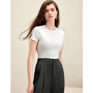 T-shirt à manches courtes pour femme, coupe classique, 100% coton, respirant, anti-rides, séchage rapide, noir uni, orné de strass personnalisés - Product Image 1