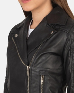 Blouson moto matelassé en cuir véritable haute performance pour femme, manches longues, fermeture éclair, col rabattable, style automne, prix abordable - Product Image 5