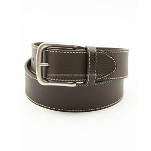 Cinturón informal de cuero para hombre de grano completo Premium Feel con costuras de borde blanco duradero y hebilla de una sola punta de plata mate sólida - Product Image 1