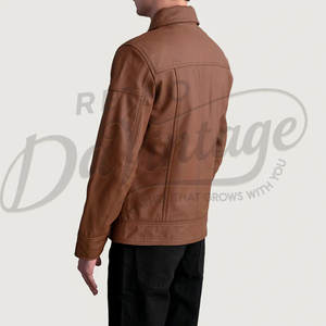 Chaqueta de cuero marrón para hombre, piel de oveja auténtica, corte ajustado, para otoño e invierno, estilo casual, tipo moto, con cuello de camisa y cierre de cremallera. - Product Image 4