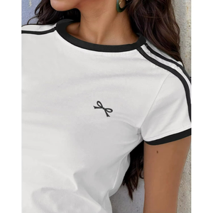 Camisetas Cortas Personalizadas para Mujer, Estilo Y2K, Lindas, con Lazo Bordado, Estilo Coquette, Estética Clean Girl, Camisetas de Punto - Product Image 4