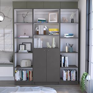 Set di Librerie da Soggiorno June a 3 Pezzi, Grigio Opaco/Bianco, Larghezza 152 cm con 13 Ripiani e Mobile a 2 Ante - Product Image 1