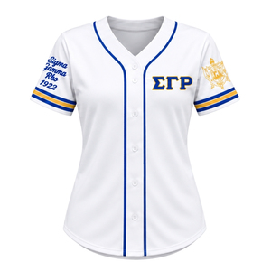 Maillot de baseball personnalisé Sigma Gamma Rho pour femme, chemise de sport boutonnée de sororité grecque, lettres brodées, vêtements décontractés en gros - Product Image 1