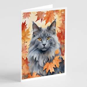 Nebelung Whimsical A7 Tamaño 5x7 Tarjetas de notas en blanco Hojas de otoño y diseño de gato Paquete de 8 con sobres para fines de felicitación - Product Image 1