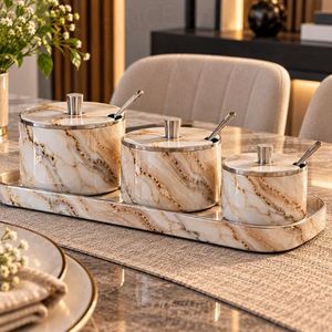 Marble Textured 3 Piece Jar Set with <b>Tray</b> and Spoons Modern Kitchen <b>Condiment</b> Containers - Product Image 1
