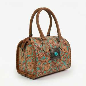 Hand Tooled 100% Genuine Leather Western Speedy Mini Duffel <b>Bag</b> With Turquoise Stone <b>Studded</b> Luxury Travel Weekend Overnight <b>Bag</b> - Product Image 2