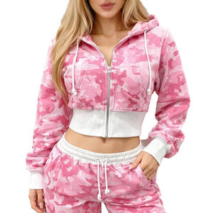 Sudadera con capucha corta rosa camuflaje al por mayor para mujer, de algodón polar 380GSM, con pedrería personalizada, estilo oversize, streetwear, corte crop - Product Image 2