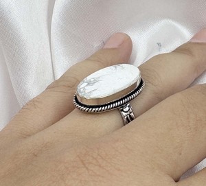 Natural White Howlite Oval <b>Silver</b> Plated <b>Ring</b> Handmade Statement Gemstone <b>Adjustable</b> Boho Fashion <b>Ring</b> for Women - Product Image 4