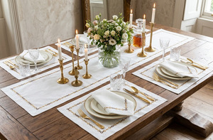 Custom Wholesale QUANG THANH EMBROIDERY Handmade Washable Luxury Embroidery Geometric Chain <b>Placemats</b> Napkins Sets White Mats - Product Image 4