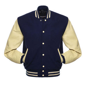 Chaqueta Bomber Varsity de Lana para Hombre con Mangas de Cuero de Lujo Personalizadas y Puños de Punto a Rayas - Product Image 1