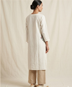 Women Jute Cotton Kurti Off White V Neck Embroidered Straight Tunic <b>Three</b> Quarter Sleeve Casual Ethnic Comfortable Stylish Wear - Product Image 3