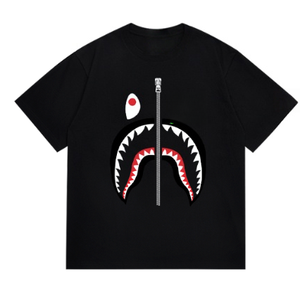 T-shirt pour homme, imprimé bouche de requin noir, fermeture éclair, décontracté, manches courtes, 100% coton - Product Image 1