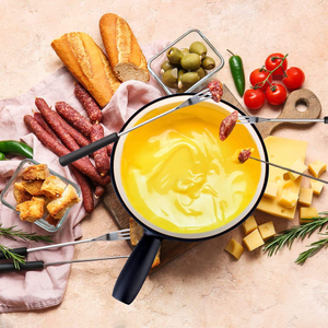 Pot à fondue au chocolat en <span class=keywords><strong>fonte</strong></span> émaillée personnalisé <span class=keywords><strong>caquelon</strong></span> à fondue au fromage ustensiles de cuisine traditionnels suisses ensemble de fondue - Product Image 4
