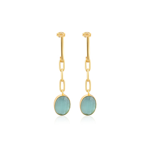 Handmade Gold Plated Green <b>Cat's</b> Eye Gemstone Brass <b>Earrings</b> Trendy Fashion Statement Jewelry for Women - Product Image 1