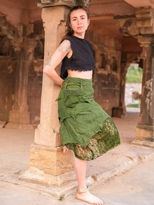 Falda Bohemia Verde Oliva con Volantes y Encaje, Asimétrica, a Media Pantorrilla, Estilo Vestido de Verano para Mujer - Product Image 2